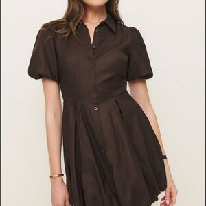 Reformation Dark Brown Mini Dress with Puff Sleeves